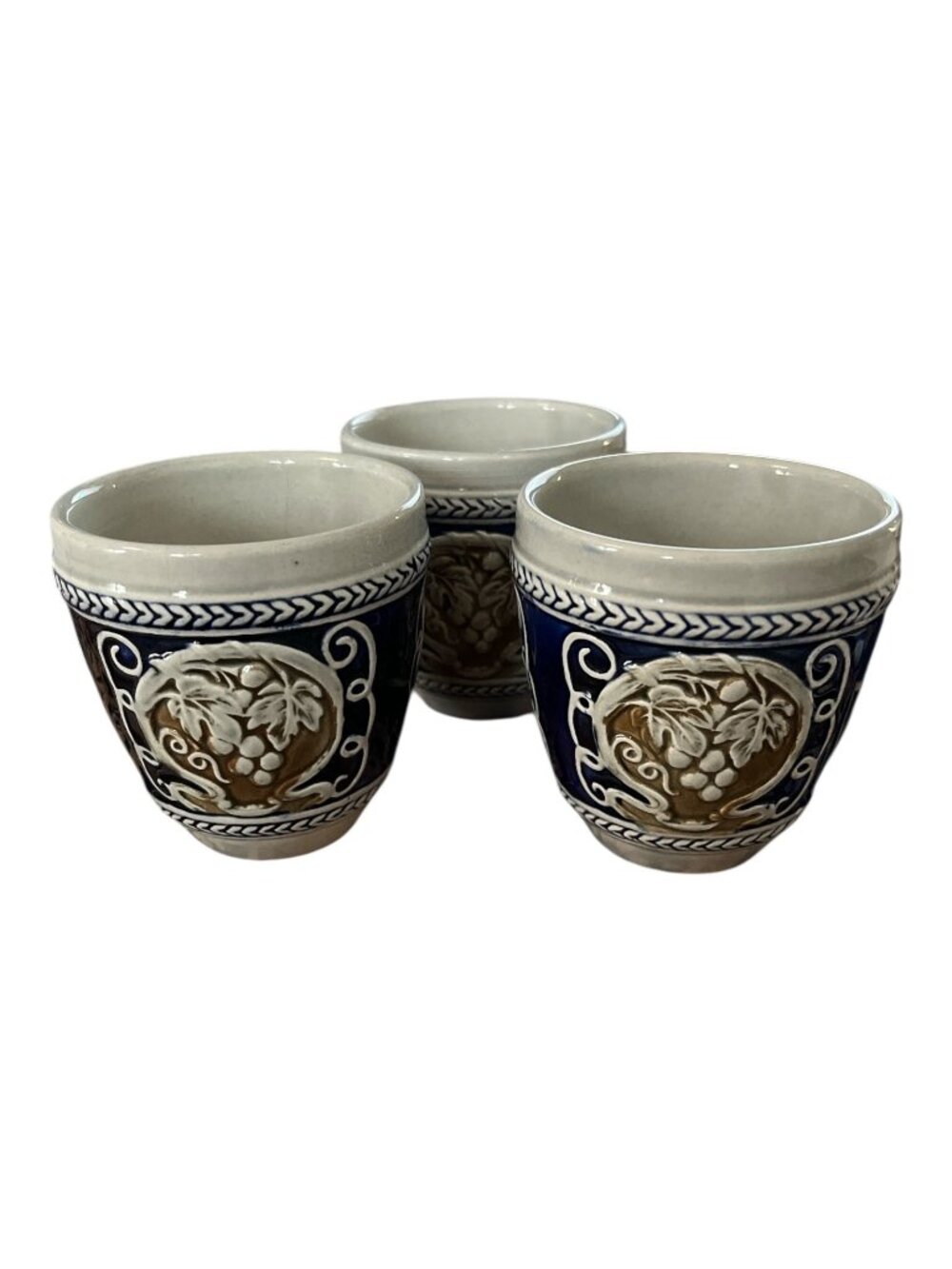 Set of 3 Vintage West German Stoneware Wine Cups Grapevine Relief Blue Pottery B